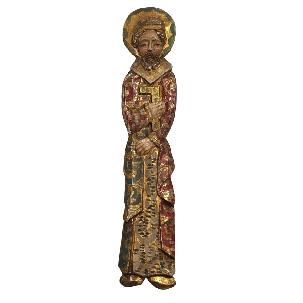 St Jospeh Hand Carved Wooden Wall Hanging Polychrome Gilt Religious Folk Art 20"